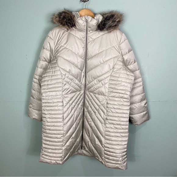 Lands End Puffer Jacket Primaloft Faux Fur Hood Zip Up Sz 2X‎ Cream Fleece Lined - Picture 1 of 4